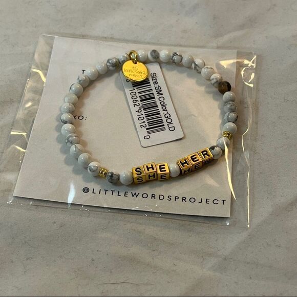 Little Words Project Bracelet She Her Stretch Beaded Gold Marble Neutral Casual - Picture 4 of 4